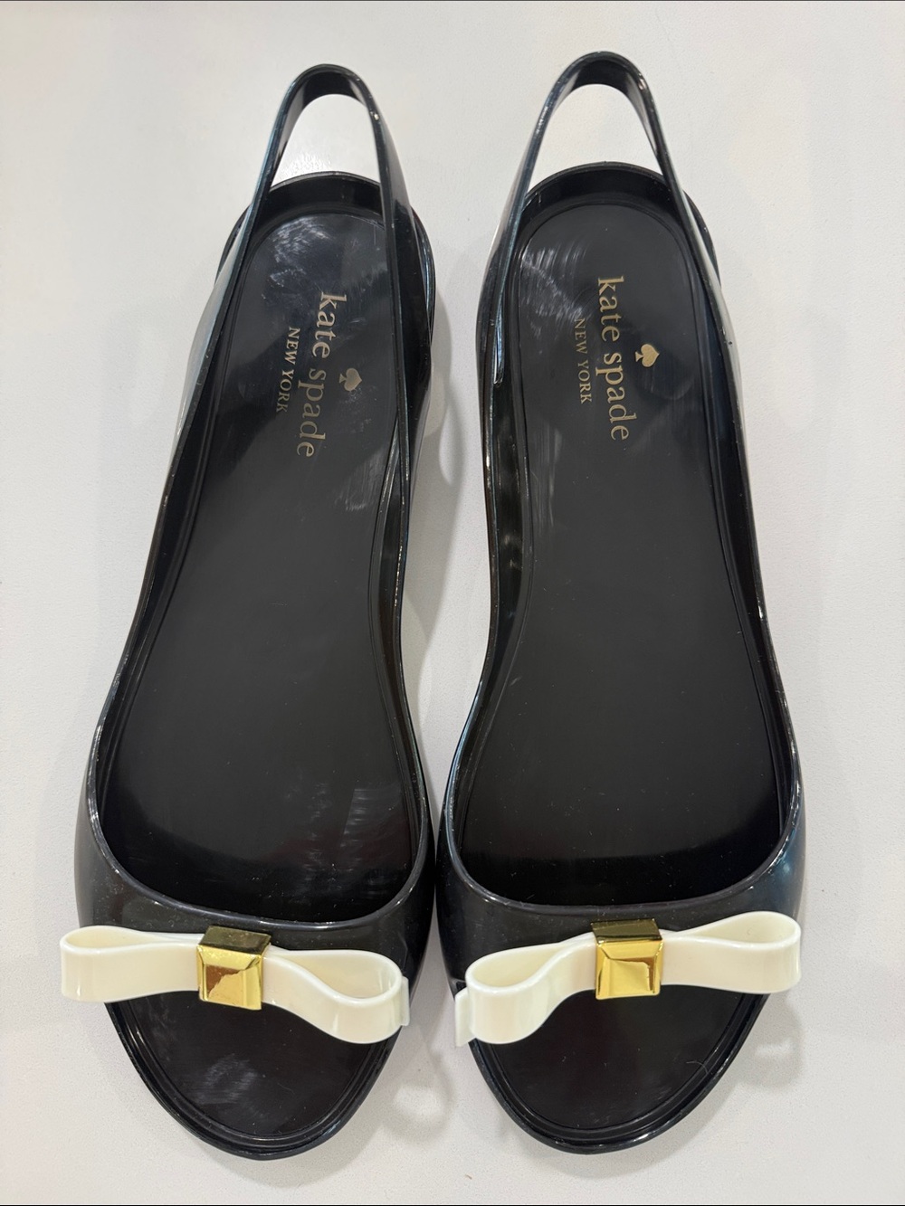 kate spade Black Slingback Flats with Cream Bow and Gold Accent